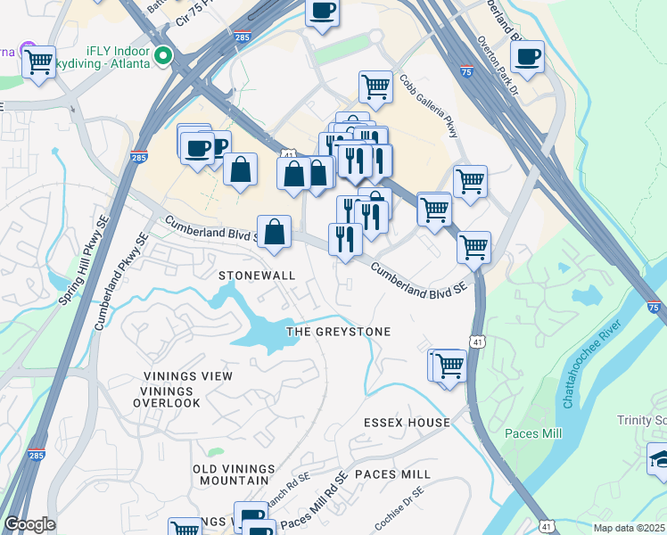 map of restaurants, bars, coffee shops, grocery stores, and more near in Vinings