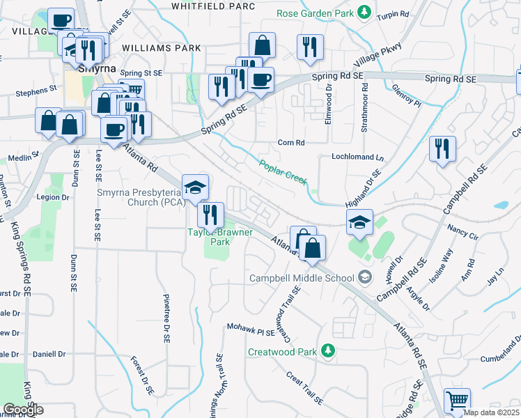 map of restaurants, bars, coffee shops, grocery stores, and more near 406 Vinings Forest Circle Southeast in Smyrna