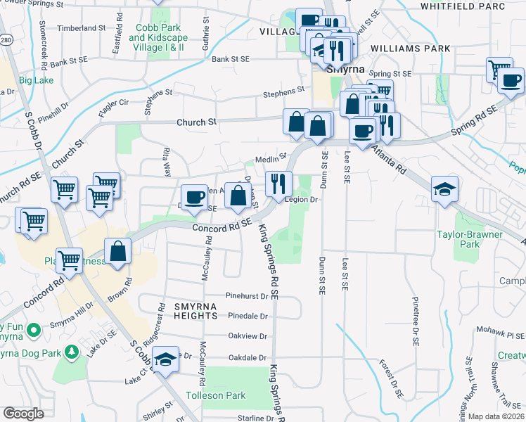 map of restaurants, bars, coffee shops, grocery stores, and more near 1169A Concord Road Southeast in Smyrna