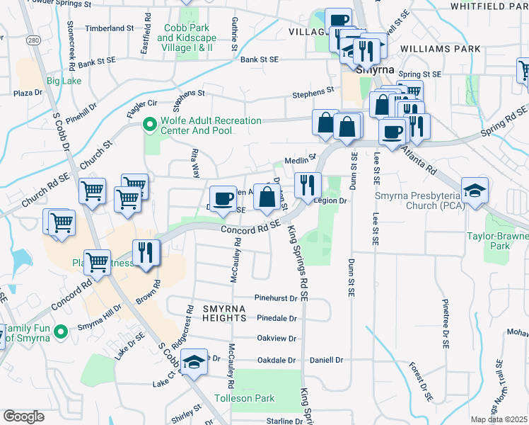map of restaurants, bars, coffee shops, grocery stores, and more near 1120 Dell Avenue Southeast in Smyrna
