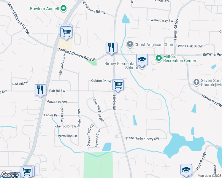map of restaurants, bars, coffee shops, grocery stores, and more near 935 Oakton Drive Southwest in Marietta