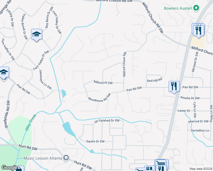 map of restaurants, bars, coffee shops, grocery stores, and more near 1517 Milford Place Southwest in Marietta