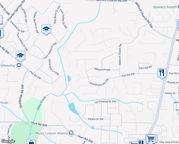map of restaurants, bars, coffee shops, grocery stores, and more near 1541 Milford Place Southwest in Marietta
