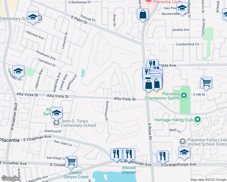 map of restaurants, bars, coffee shops, grocery stores, and more near 1036 East Hepp Drive in Placentia