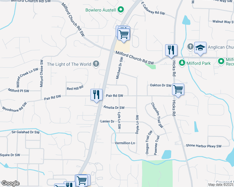 map of restaurants, bars, coffee shops, grocery stores, and more near 1154 Pair Road Southwest in Marietta