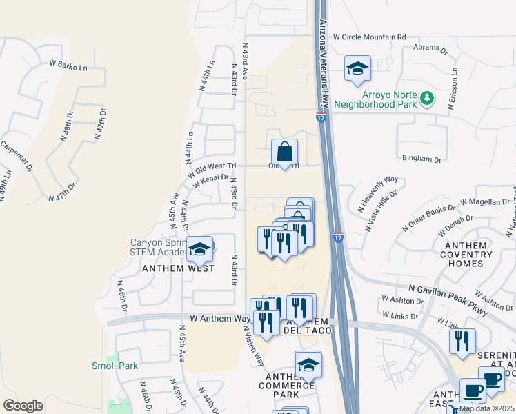 map of restaurants, bars, coffee shops, grocery stores, and more near 43275 North 43rd Drive in Phoenix