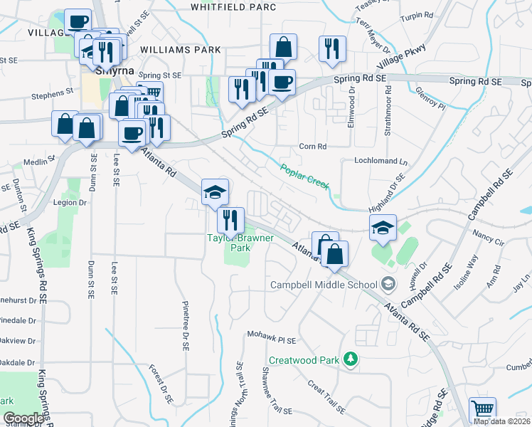 map of restaurants, bars, coffee shops, grocery stores, and more near 1009 Vinings Forest Lane in Smyrna