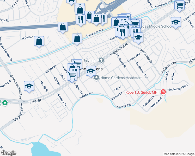 map of restaurants, bars, coffee shops, grocery stores, and more near 3723 Grant Street in Corona