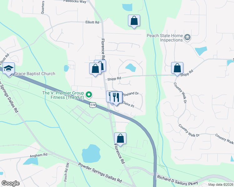 map of restaurants, bars, coffee shops, grocery stores, and more near 4812 Country Cove Way in Powder Springs
