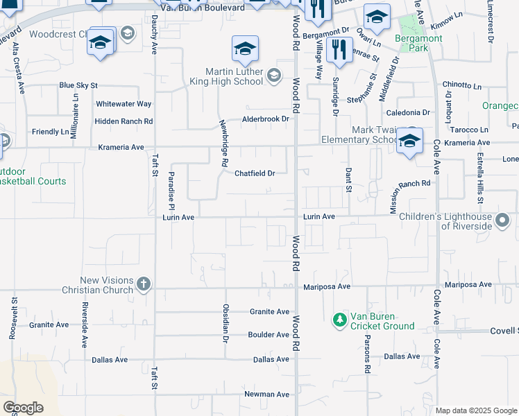 map of restaurants, bars, coffee shops, grocery stores, and more near 18870 Lurin Avenue in Riverside