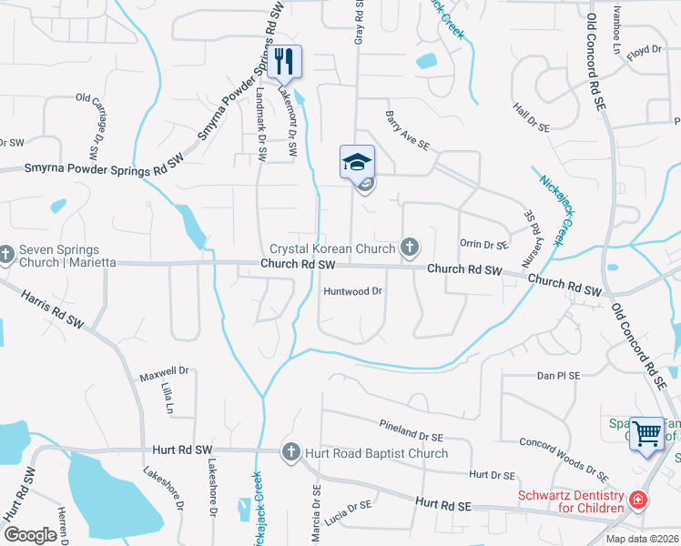 map of restaurants, bars, coffee shops, grocery stores, and more near 3142 Gray Road in Smyrna