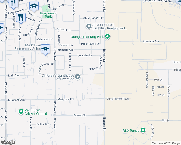 map of restaurants, bars, coffee shops, grocery stores, and more near 19832 Lurin Avenue in Riverside