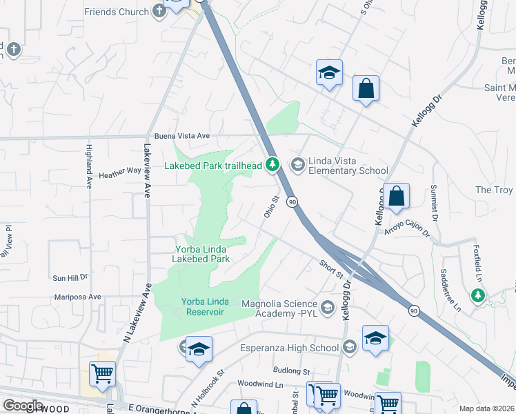 map of restaurants, bars, coffee shops, grocery stores, and more near 5802 Lakehaven Way in Yorba Linda