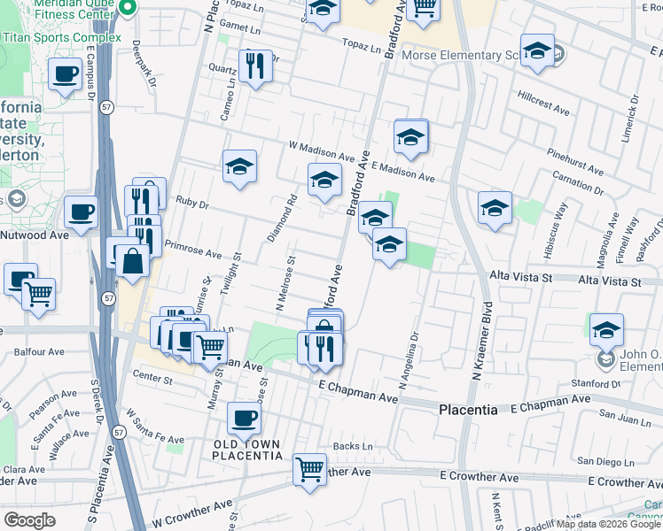 map of restaurants, bars, coffee shops, grocery stores, and more near 513 Bradford Avenue in Placentia