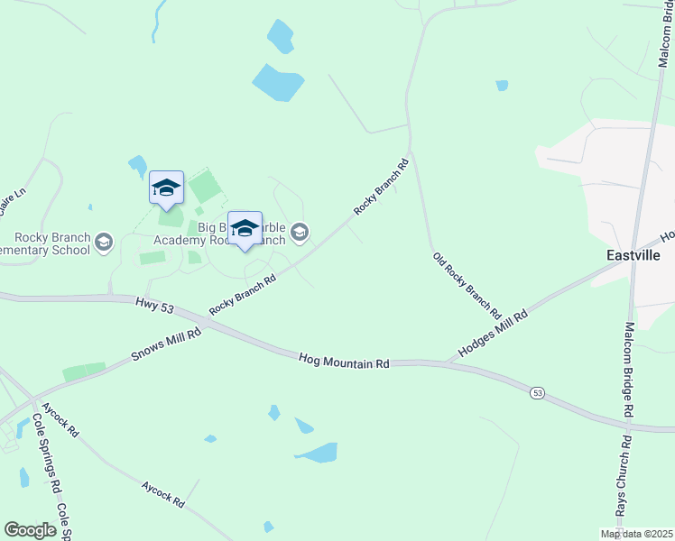 map of restaurants, bars, coffee shops, grocery stores, and more near 1192 Rocky Branch Road in Bogart