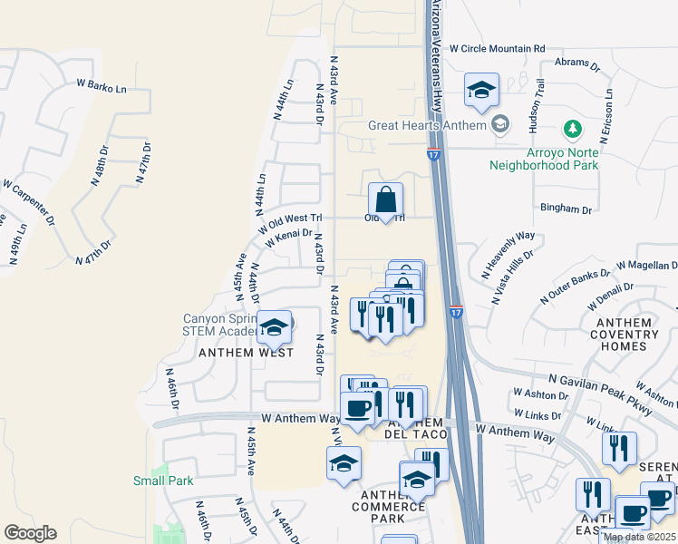 map of restaurants, bars, coffee shops, grocery stores, and more near 4288 West Denali Lane in Phoenix