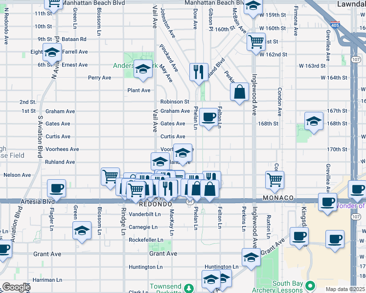 map of restaurants, bars, coffee shops, grocery stores, and more near 2411 Voorhees Avenue in Redondo Beach