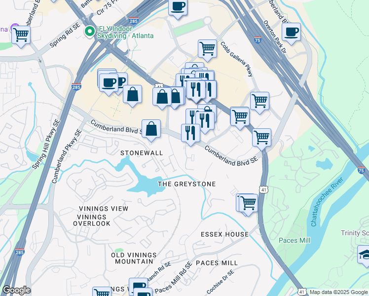 map of restaurants, bars, coffee shops, grocery stores, and more near in Vinings
