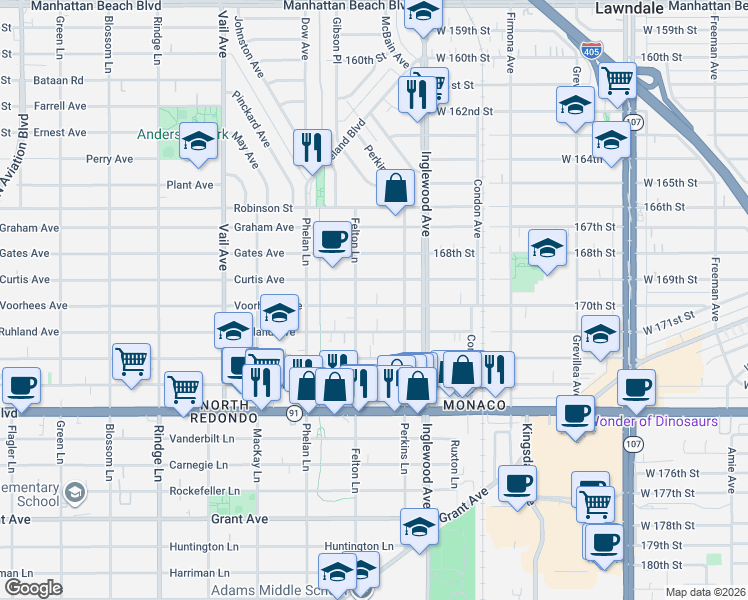 map of restaurants, bars, coffee shops, grocery stores, and more near 2609 Voorhees Avenue in Redondo Beach