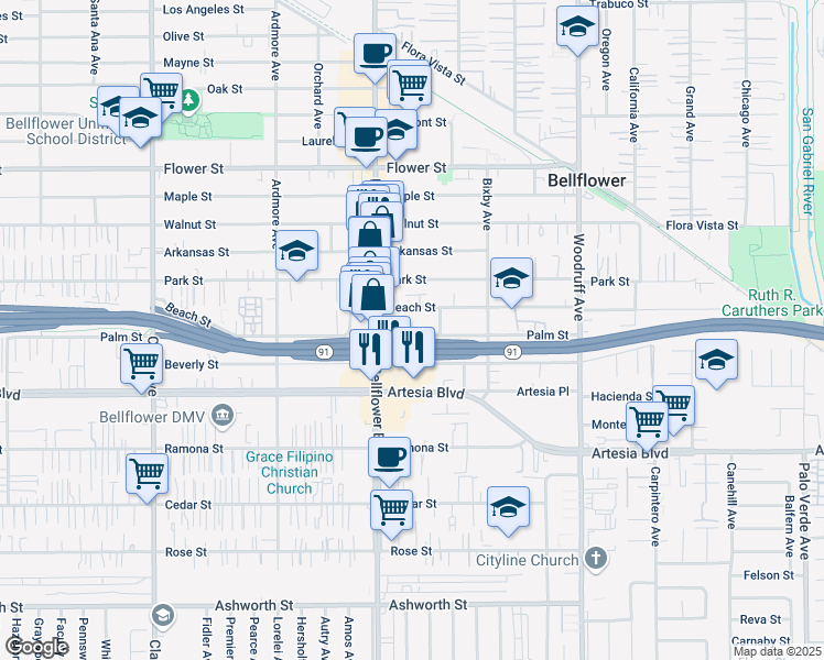 map of restaurants, bars, coffee shops, grocery stores, and more near 9837 Palm Street in Bellflower