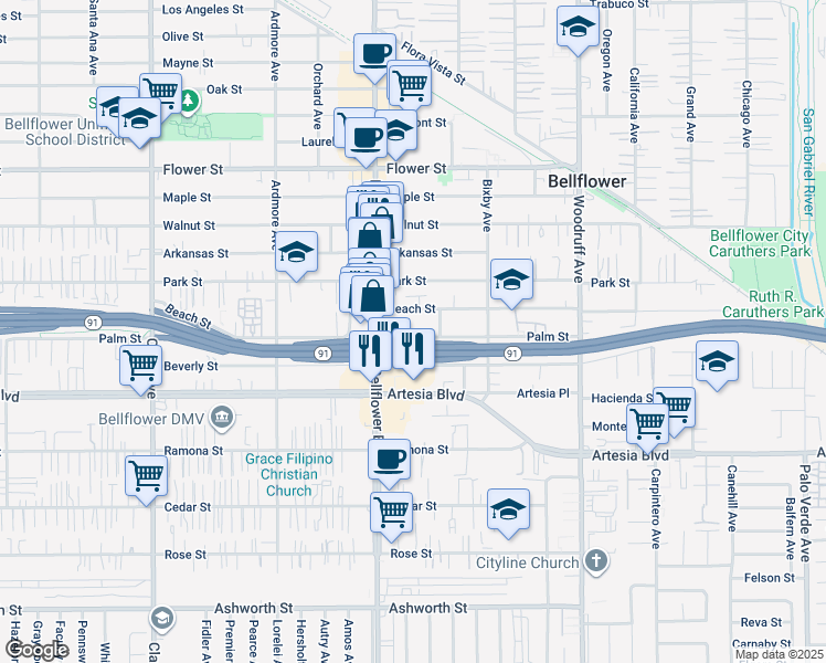 map of restaurants, bars, coffee shops, grocery stores, and more near 9837 Palm Street in Bellflower