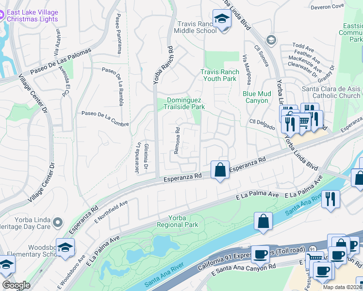 map of restaurants, bars, coffee shops, grocery stores, and more near 5835 Vía Romero in Yorba Linda