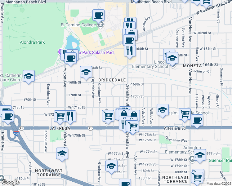 map of restaurants, bars, coffee shops, grocery stores, and more near 3169 170th Street in Torrance
