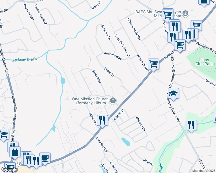 map of restaurants, bars, coffee shops, grocery stores, and more near 360 Parkview Manor Drive in Tucker