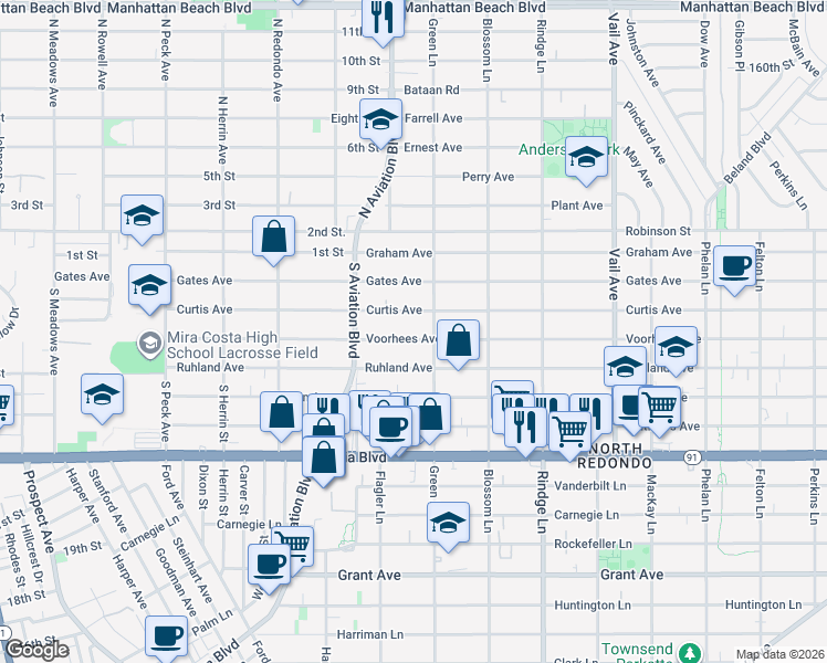 map of restaurants, bars, coffee shops, grocery stores, and more near 1927 Voorhees Avenue in Redondo Beach