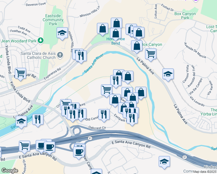 map of restaurants, bars, coffee shops, grocery stores, and more near 22745 Savi Ranch Parkway in Yorba Linda