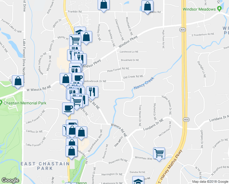 map of restaurants, bars, coffee shops, grocery stores, and more near 389 Valley Brook Drive Northeast in Atlanta