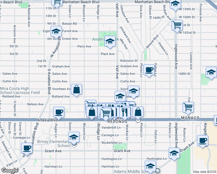 map of restaurants, bars, coffee shops, grocery stores, and more near 2217 Voorhees Avenue in Redondo Beach