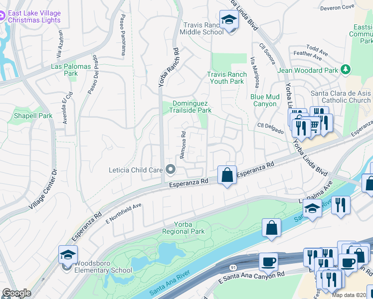 map of restaurants, bars, coffee shops, grocery stores, and more near 5810 Vía Romero in Yorba Linda