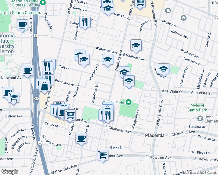 map of restaurants, bars, coffee shops, grocery stores, and more near 513 Bradford Avenue in Placentia