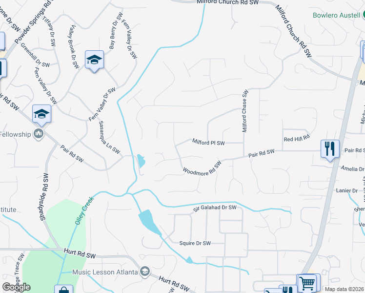 map of restaurants, bars, coffee shops, grocery stores, and more near 1541 Milford Place Southwest in Marietta
