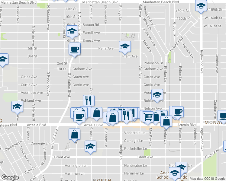 map of restaurants, bars, coffee shops, grocery stores, and more near in Redondo Beach