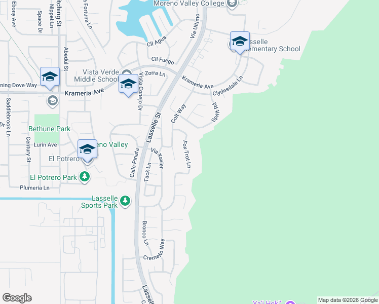 map of restaurants, bars, coffee shops, grocery stores, and more near 16768 Fox Trot Lane in Moreno Valley