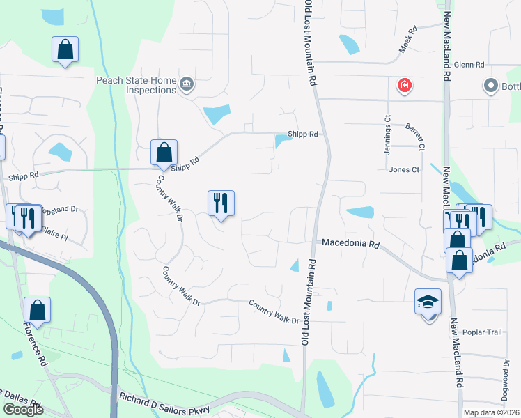 map of restaurants, bars, coffee shops, grocery stores, and more near 4621 Unicorn Point in Powder Springs