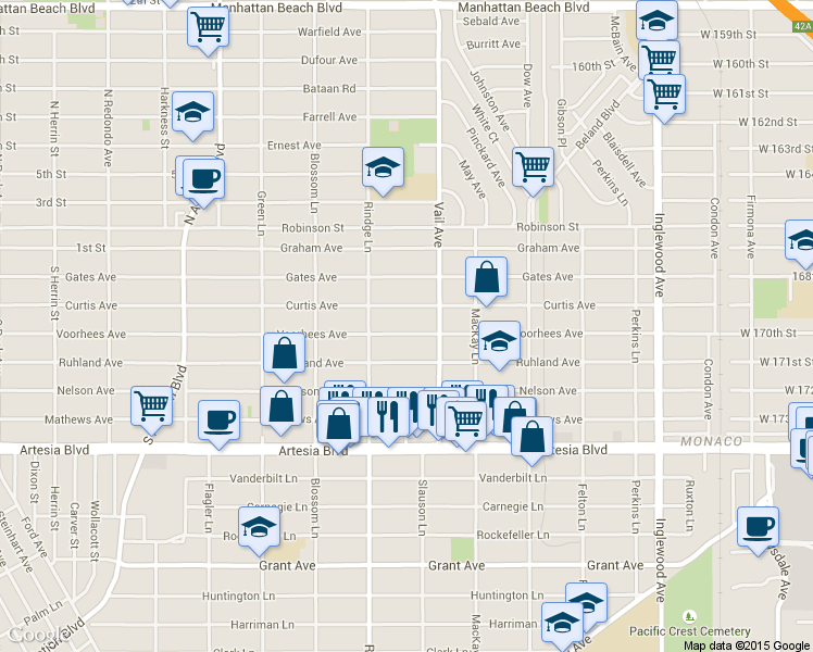 map of restaurants, bars, coffee shops, grocery stores, and more near 2217 Voorhees Avenue in Redondo Beach
