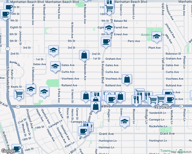 map of restaurants, bars, coffee shops, grocery stores, and more near 1746 Curtis Avenue in Manhattan Beach