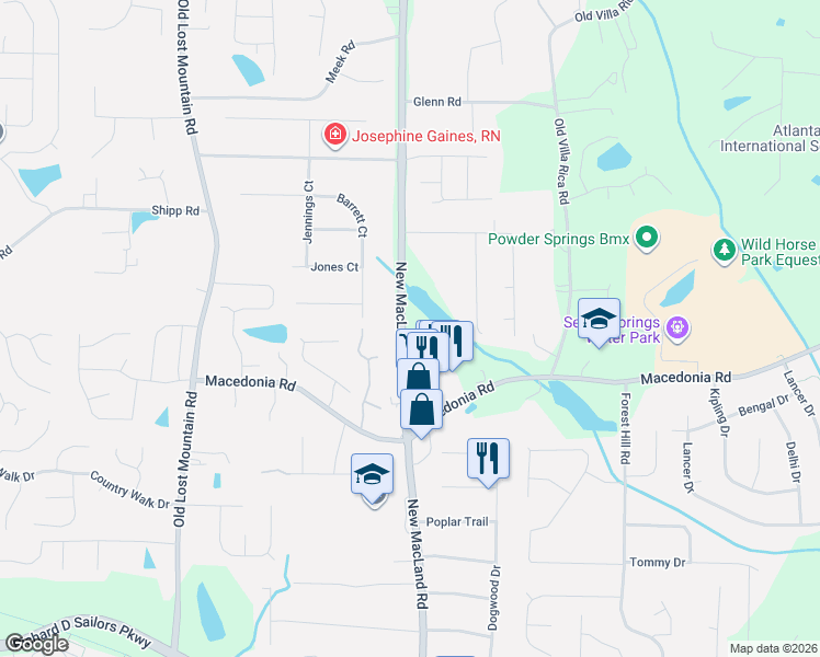map of restaurants, bars, coffee shops, grocery stores, and more near 3130 New Macland Road in Powder Springs