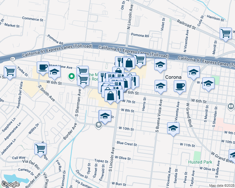map of restaurants, bars, coffee shops, grocery stores, and more near 574 South Lincoln Avenue in Corona