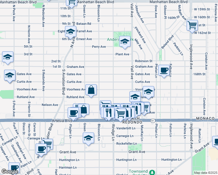 map of restaurants, bars, coffee shops, grocery stores, and more near 2117 Voorhees Avenue in Redondo Beach