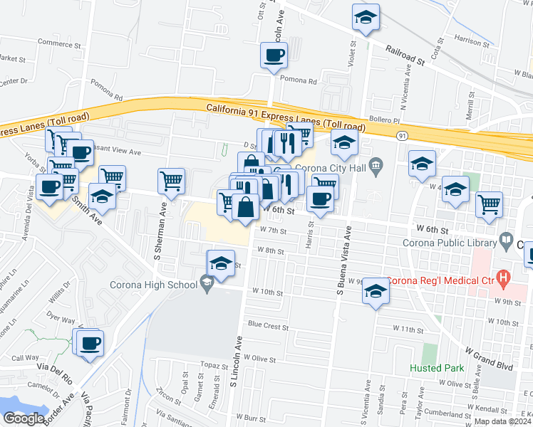 map of restaurants, bars, coffee shops, grocery stores, and more near 1066 West 6th Street in Corona