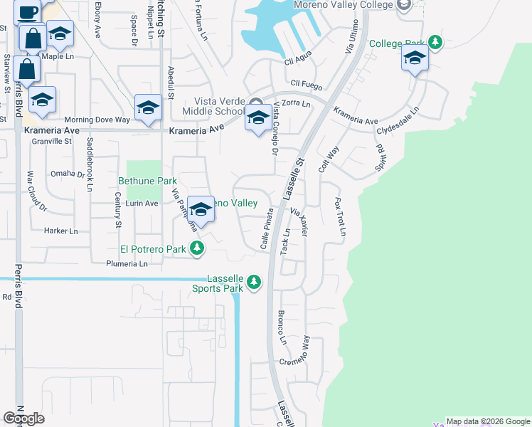 map of restaurants, bars, coffee shops, grocery stores, and more near 25830 Via Salerno Court in Moreno Valley