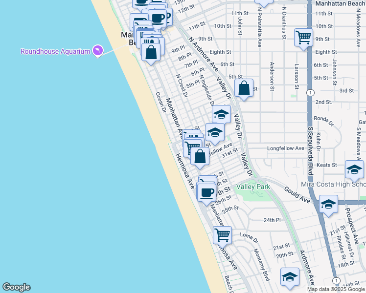 map of restaurants, bars, coffee shops, grocery stores, and more near 133 34th Street in Hermosa Beach