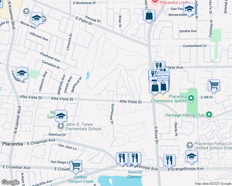 map of restaurants, bars, coffee shops, grocery stores, and more near 651 North Ziegler Way in Placentia