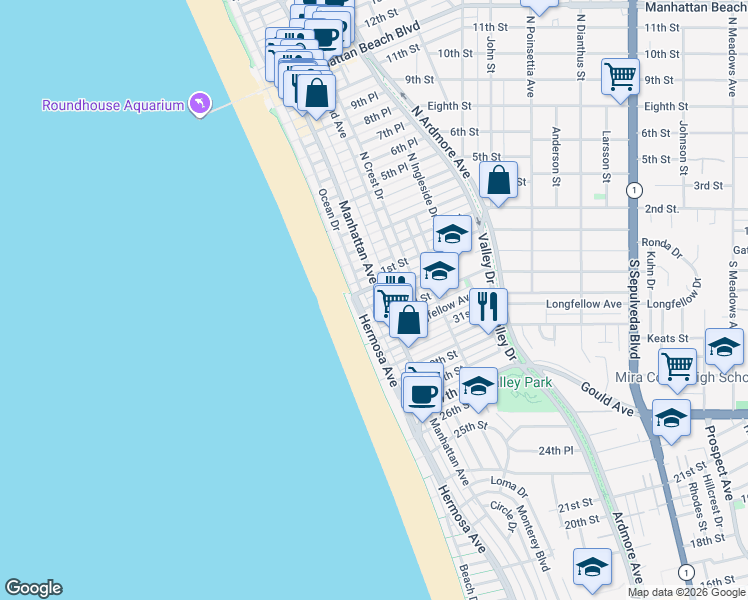 map of restaurants, bars, coffee shops, grocery stores, and more near 133 34th Street in Hermosa Beach