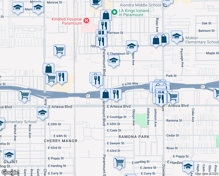 map of restaurants, bars, coffee shops, grocery stores, and more near 6721 Curtis Avenue in Long Beach