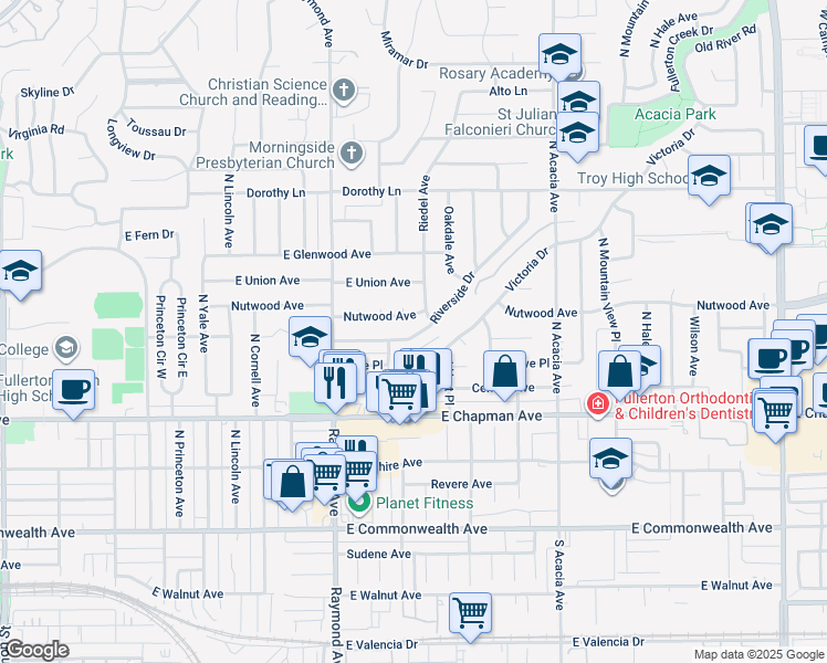 map of restaurants, bars, coffee shops, grocery stores, and more near 1313 Nutwood Avenue in Fullerton